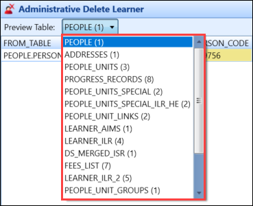 Preview Table drop-down list